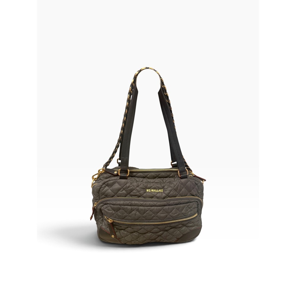 MZ Wallace Dark Grey Quilted Nylon Multi Zip Shoulder Bag Gold Hardware Handbag